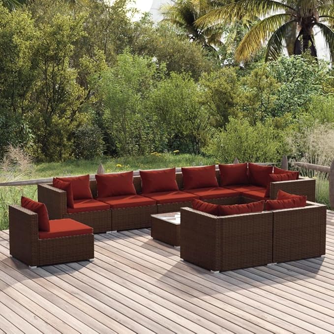 10 Piece Patio Lounge Set with Cushion, Patio Lounge Set Furniture Conversation Sets Outdoor Patio Sectional Piece Patio Set s Poly Rattan Brown