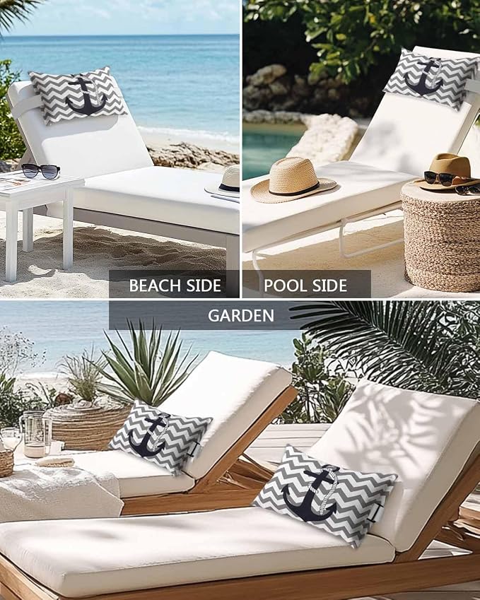 Nautical Anchor Outdoor Pillows Waterproof Covers, Gray Background Adjustable Elastic Chaise Lounge Head Resting Pillows, Decorative Lumbar Pillow for Pool Patio Furniture