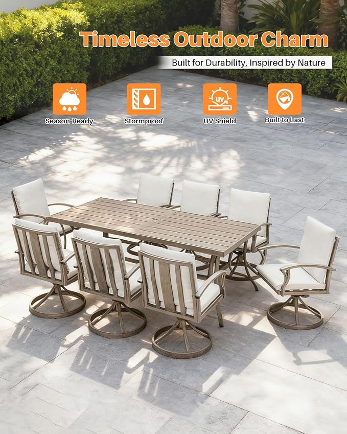 9-Piece Patio Dining Set for 8, Never Rusts Aluminum Outdoor Swivel Dining Set with Cushions, Outdoor Dining Set, Patio Table and Chairs Furniture Sets for Deck, Garden Yard, Limed Oak