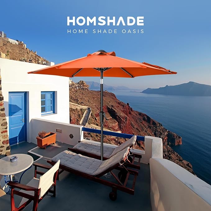 HOMSHADE 7.5ft Outdoor Patio Umbrella - Market Table Pool Deck Umbrella UPF50+ UV Protection with Push Button Tilt, Crank and 6 Sturdy Ribs (Neon Orange, No base)