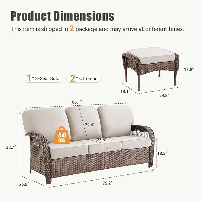 Patio Furniture Set, All Weather 3 PCS Wicker Outdoor Small Sectional Set, 5" Thick Rattan Conversation Set with 3-seat Sofa and Ottoman for Lawn, Garden, Beige/Brown Wicker