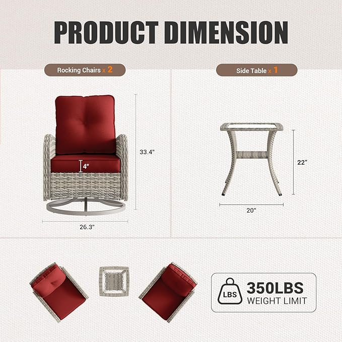 Patio Rocking Swivel Chair Outdoor Wicker Rattan Bistro Set with Tempered Glass Side Table, Outdoor Patio Furniture Set for Garden, Deck, and Balcony, Red