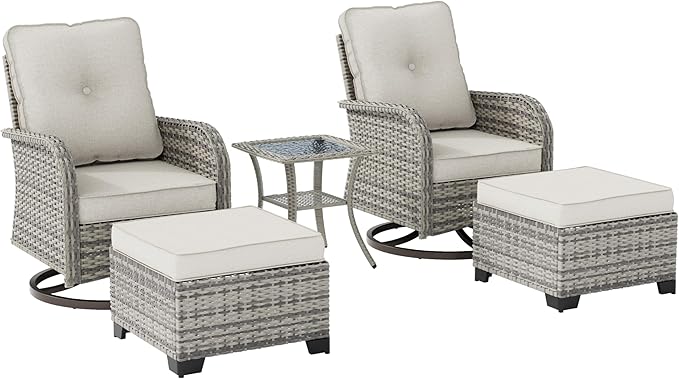 Outdoor Patio Furniture Set Patio Rocking Swivel Chair with Tempered Glass Side Table, Outdoor Wicker Rattan Bistro Set with Ottomans for Garden, Deck, and Balcony, White