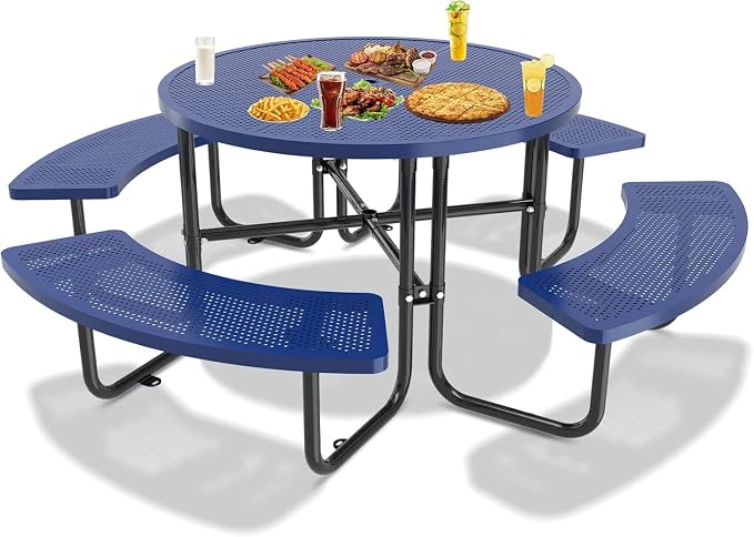 46'' Round Outdoor Metal Picnic Table Expanded,Lifetime Steel Picnic Table with Umbrella Hole,Heavy Duty Sturdy Commercial for Patio, Backyard, Garden (Includes 4 Built-in Benches) Blue