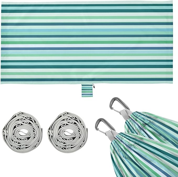 Camping Hammock Outdoor Hammocks for Outside Blue Green Stripe Beach Trees Portable Lightweight with Pockets Tree Straps Indoor