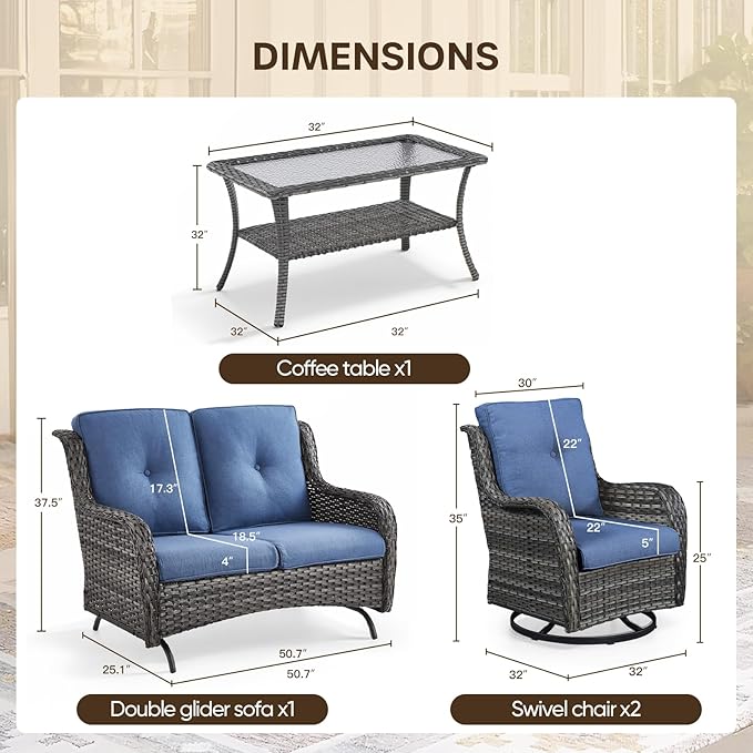 Patio Loveseat Glider Set, Resin Wicker Loveseat Glider with 4 Swivel Patio Chiars Coffee Table, 6 Piece Patio Conversation Set PE Rattan Loveseat Set, Grey Wicker|Blue Cushions