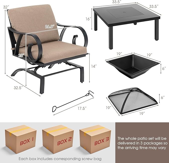 Tangkula 5 Piece Patio Dining Set, Heavy-Duty Rocking Chairs with 4-in-1 Fire Pit Table, Soft Seat & Back Cushions, Gentle Rocking Design, Outdoor Conversation Set for Backyard, Porch (Brown)