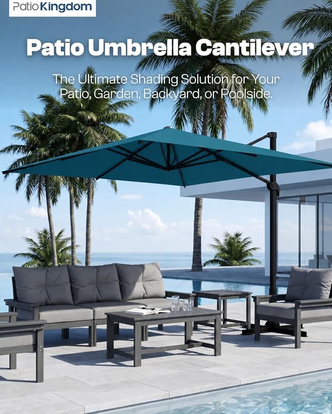 10'×10' Patio Umbrella, Aluminum Cantilever Umbrella with 360°Rotation, Offset Patio Umbrella with Easy Tilt Fade Resistance for Pool Deck Garden Backyard, Lagoon (Base not Included)