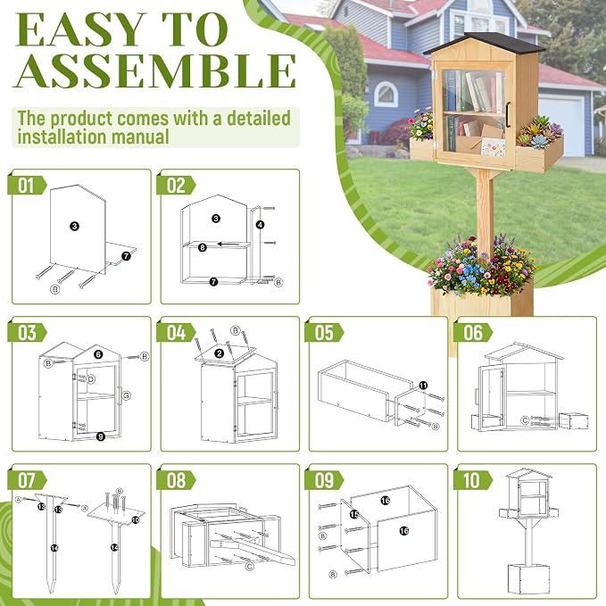 Wonderjune Little Library Box Outdoor Weatherproof Free Library Box Storage with Floor Plugs and Small Flower Fence for Diy, Neighborhoods, Community, Schools Sharing Books, Newspapers
