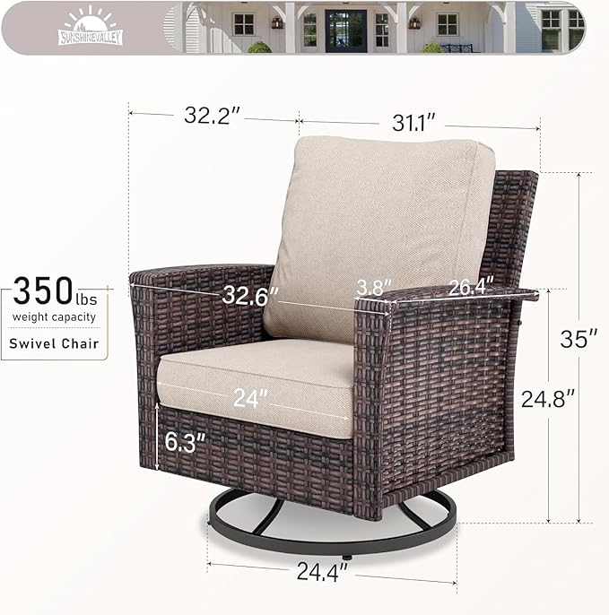 Patio Wicker Swivel Chairs Set of 2, Outdoor High Back Chairs with 5.5" Waterproof Cushions, Outdoor Furniture Set for Deck Porch and Yard, Beige