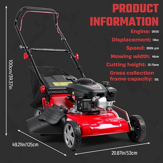 131cc Gas Self Propelled Lawn Mower, 3 in 1 Multi Functional Walk-Behind Push Lawn Mowers, 18" Foldable Gas Powered Lawnmower with 50L Grass Bag, for Mulch, Side Discharge, Rear Bagging (Red)