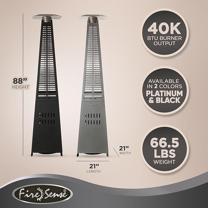Fire Sense 66991 Pyramid Flame Patio Heater 40,000 BTU Outdoor Propane Heater Tower with Wheels - Black