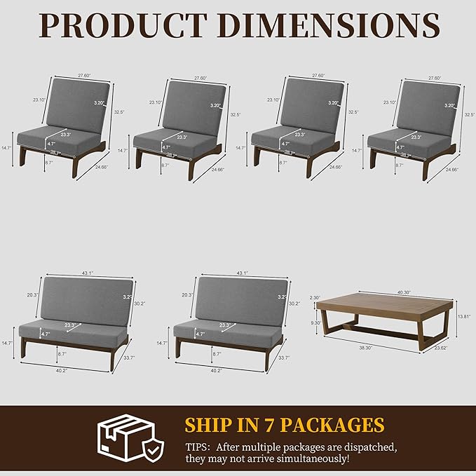 UIXE 7 Pieces Wood Patio Furniture Sets, 2 Patio Loveseat, 4 Patio Bistro Chair, All Weather Outdoor Sectional Sofa Furniture Backyard Conversation Set with Coffee Table - Grey