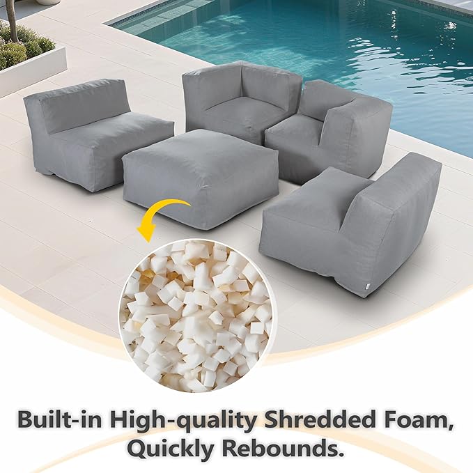 Patio Furniture Set, 5Pcs Outdoor Conversation Set with Bean Bag Middle Chairs, Corner Chair, Ottomans, Modern Foam Couch Set for Garden, Deck, Balcony (5, Deep Gray)