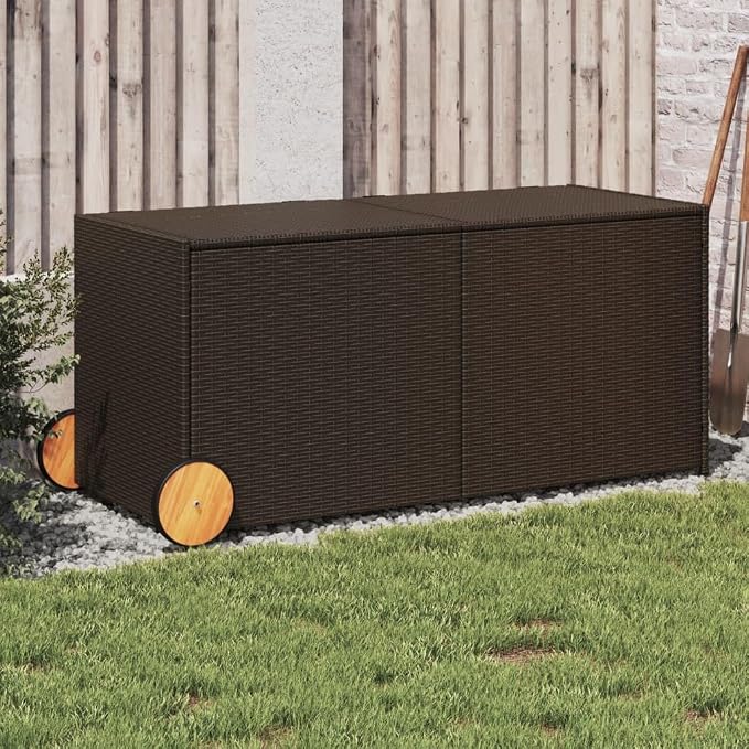 74.8 Gal Outdoor Storage Box with Wheels, Patio Rattan Deck Box, Wicker Garden Storage Bin Deck Box, Poly Rattan Patio Storage Chest with Hinged Lid, 50"x21.7"x22"/23.4" Brown