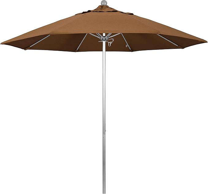 California Umbrella 9' Round Aluminum/Fiberglass Umbrella, Push Open, Silver Pole, Sunbrella Teak Fabric