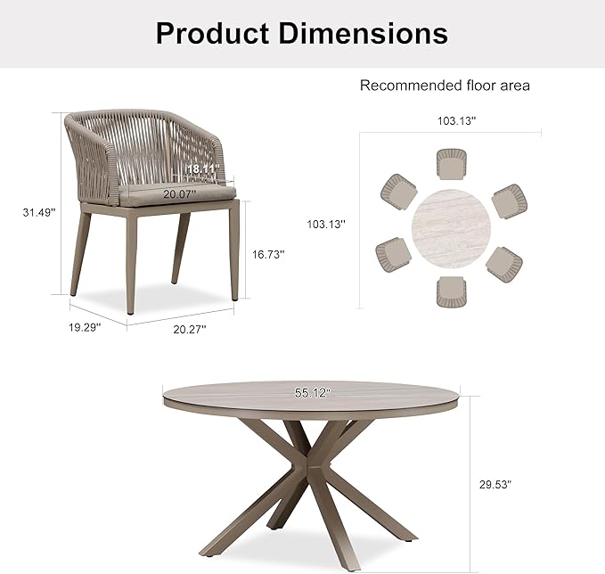 PURPLE LEAF 7 Pieces Round Patio Dining Set Aluminum Frame and Wicker Rattan Round Table and Arm Chairs with Cushions for Garden Porch Kitchen Modern Outdoor Champagne
