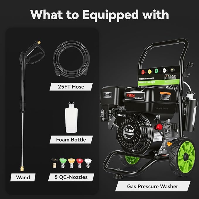 Professional 4200PSI 4GPM 212CC Gas Pressure Washer, 7.0HP Heavy-Duty 3600RPM Commercial Gas Power Washer with 1000ML Foam Bottle 8" Wheels 5 Nozzles 25FT Hose (EPA/CARB/ETL Compliant), Black