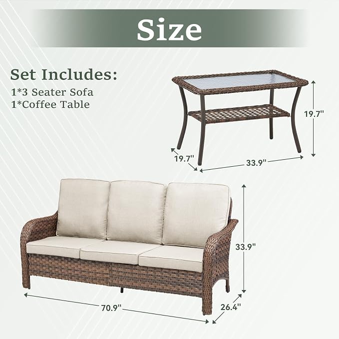 Outdoor Wicker Sofa & Coffee Table Set, 2 PCS Patio Sofa with 4" High-Resilience Cushions, Ergonomic Curved Armrests & 300lb Heavy Duty Frame for Small Spaces, Porch, Balcony, Blue
