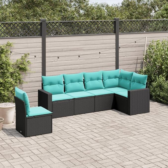 6 Piece Patio Sofa Set with Cushions, Porch Furniture Set Garden Lounge Set Patio Conversation Set Front Porch Furniture for Exhibition Negotiation Area Garden Piazza Black Poly Rattan