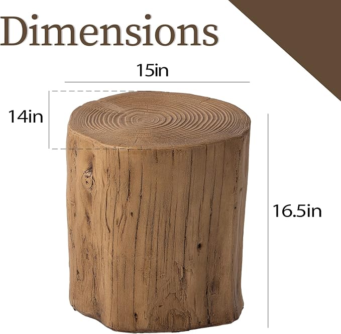 COSIEST Outdoor End Table Light Oak Colored Faux Wood, Hand-Painted Wood Stump Stool, Ottoman or Plant Stand, Deck or Garden