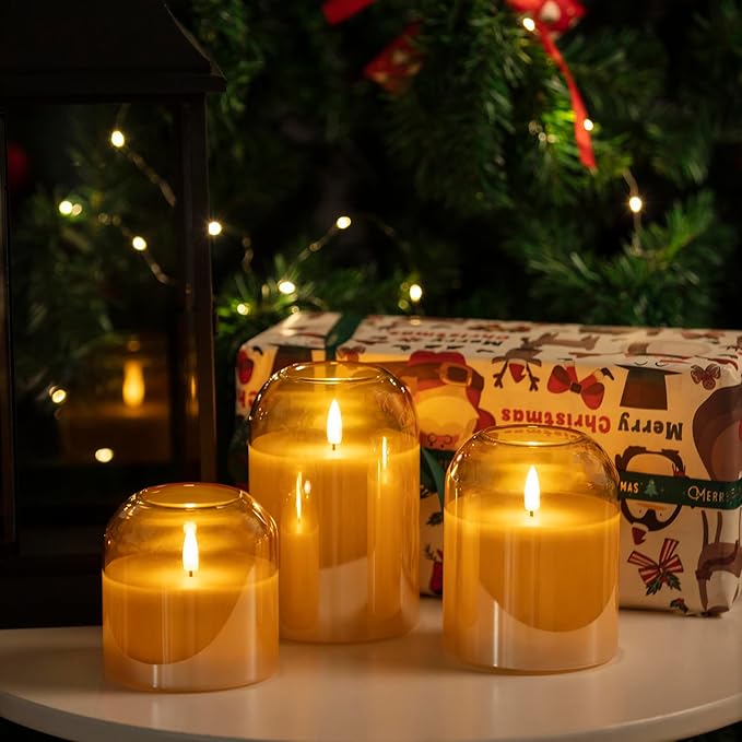 volnyus Gold Glass Flameless Candles with Remote Battery Operated Flickering LED Pillar Candles Real Wax 3D Wick Φ 4" H 4" 5" 6"