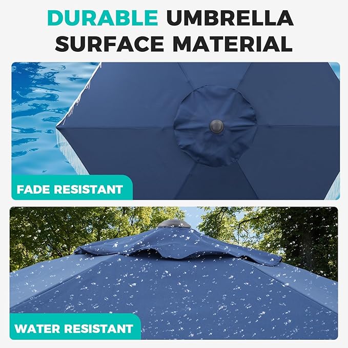 7.5ft Fringe Umbrella,Outdoor Market Umbrella with Push Button Tilt and Crack for Garden, Pool, Deck, Bistro,Navy Blue