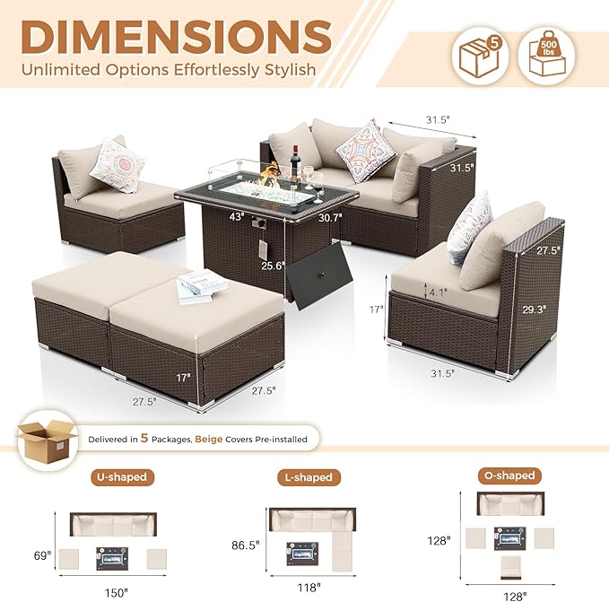 BULEXYARD 7 Piece Highback Patio Furniture Set with Fire Pit Table, Modern Modular Outdoor Sectional Couch Sofa with Ottoman, 6-Person Backyard Seating for Outside, Deck, Brown Wicker & Beige Cushion
