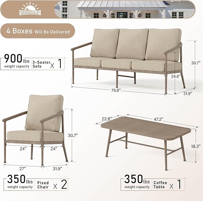 4 Piece Metal Outdoor Patio Furniture Sets, Unique Windsor Style Patio Conversation Sets 1 3-Seater Sofa, 2 Single Sofas and Coffee Table with 5.75" Thick Cushion, Backyard Furniture