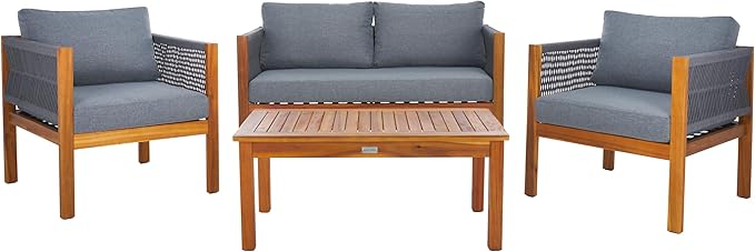 SAFAVIEH Outdoor Collection Wilson Brown Acacia Wood/Grey Cushion & Rope 4-Piece Conversation Patio Set
