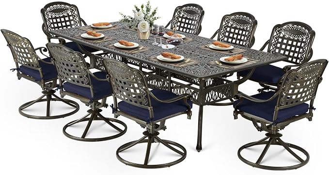 VIVIJASON 9-Piece Outdoor Dining Furniture Set, Cast Aluminum Patio Table & Chairs Set for 8, Include 94.5" Rectangular Dining Table and 8 Swivel Rocker Chairs with Umbrella Hole, Navy Blue Cushion