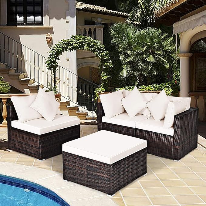 HAPPYGRILL 4 Pieces Patio Conversation Set Outdoor Wicker Sofa Set, Modern Sectional Couch Set with Washable Cushions & Pillows, All Weather PE Rattan Patio Furniture Set (Beige)