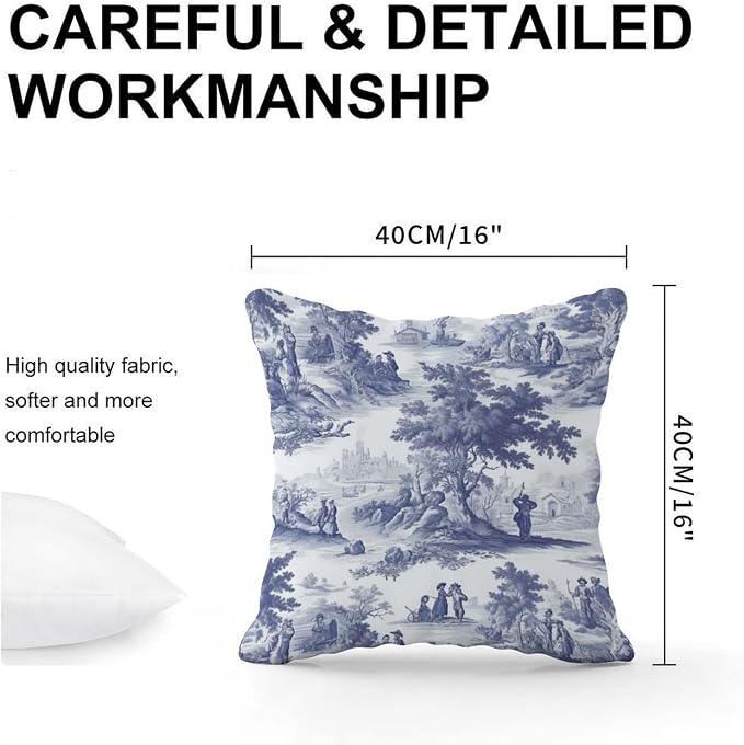 Navy White Blue Decorative Toile Print Pillow Cover French Charmed Life Toile Throw Pillow Cover Modern Throw Pillow Covers Farmhouse Decorative for Patio Tent Couch 16x16 in