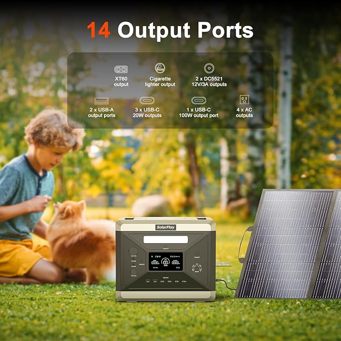 SolarPlay Portable Power Station, Q2501 2400W/2160Wh Large Capacity Solar Generator with 200W Solar Panel, BMS Emergency Power Station for Home Backup, Camping, Outdoor Battery Backup