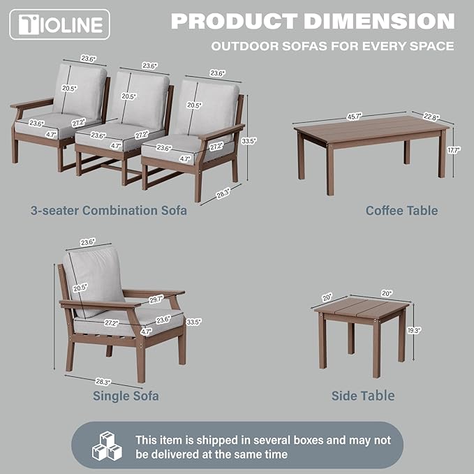 HDPE Patio Conversation Set, 7-Piece All Weather Outdoor Furniture Set with 2 Single Armchairs for Deck, Lawn, with Cushion, Brown