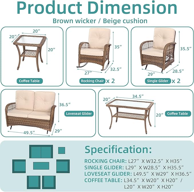 MEETWARM 7-Piece Outdoor Wicker Patio Conversation Set With Glider Loveseat, 4 Chairs, 2 Glass-Top Coffee Tables, Rocking Glider Set, Thickened Cushions, Beige