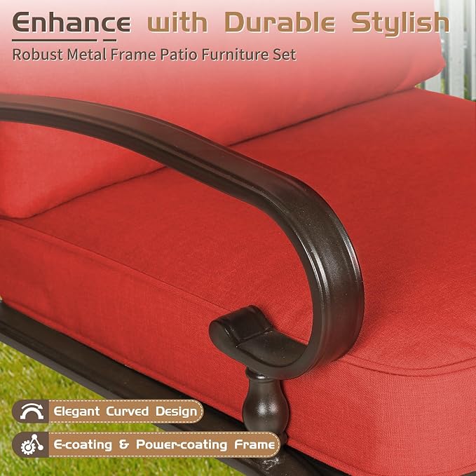 Oakcloud 5Pcs Metal Outdoor Furniture Patio Conversation Set (Loveseat, Coffee Table and Bistro Table, 2 Spring Chair) -Wrought Iron Patio Chair Set with Cushions (Red)