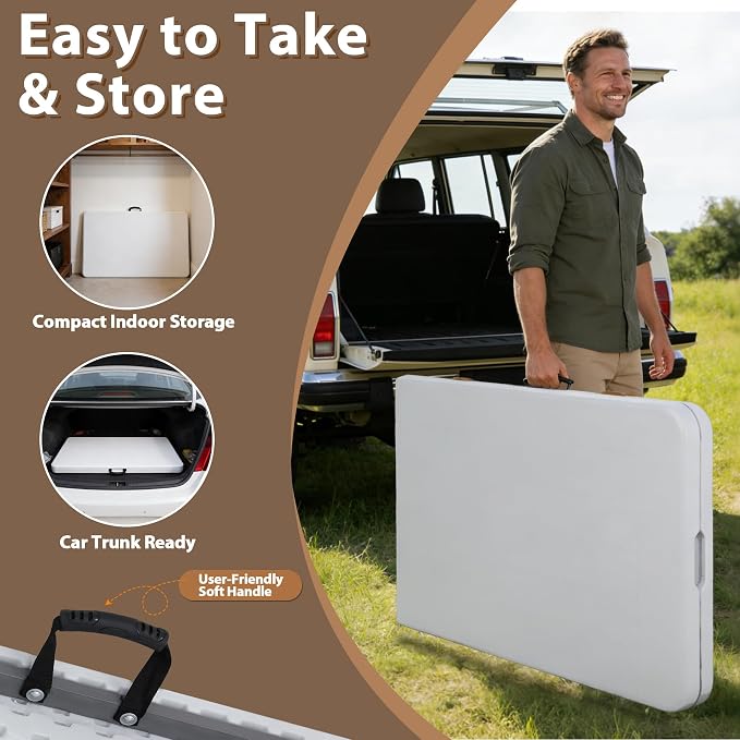 ZenStyle Indoor Outdoor 8ft Heavy Duty Folding Table - Portable Plastic Top w/Steel Legs & Handle for Camping, Picnics, Dining, Parties (White)