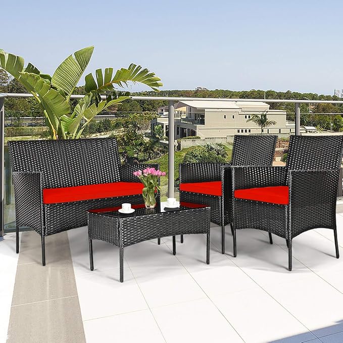 HAPPYGRILL 8 Piece Patio Furniture Set Rattan Wicker Conversation Set with Tempered Glass Top Table, Outdoor Wicker Sofa Set with Removable Cushions for Poolside Garden Backyard