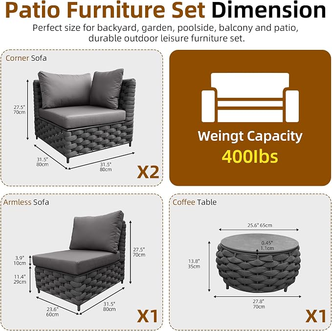 TWT 4 Piece Patio Furniture Set, All Weather Outdoor Sectional Sofa with Coffee Table, Modular Conversation Couch Set, Weather Resistant for Backyard, Porch, Garden, Poolside, Balcony, Dark Grey