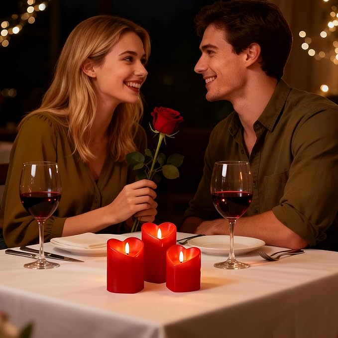 Valentines Day Flameless Candles with Remote, Heart Shaped Candles Battery Operated 3 Pack Red LED Pillar Candles for Wedding Proposal Anniversary Romantic Night