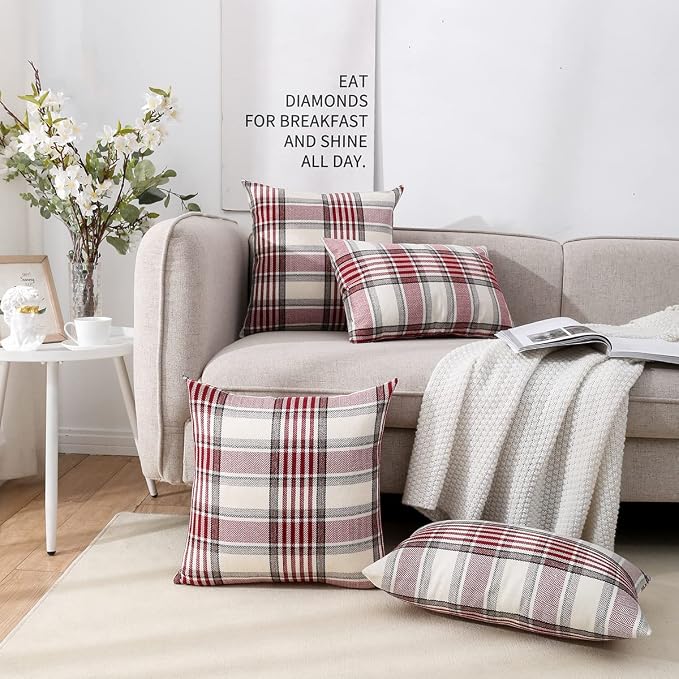 Red Plaid Merry Chirstmas Holiday Large Throw Pillow Covers 22x22 Set of 2 | Red Plaid Merry Chirstmas Holiday Large Throw Pillow Covers 22x22 Set of 2