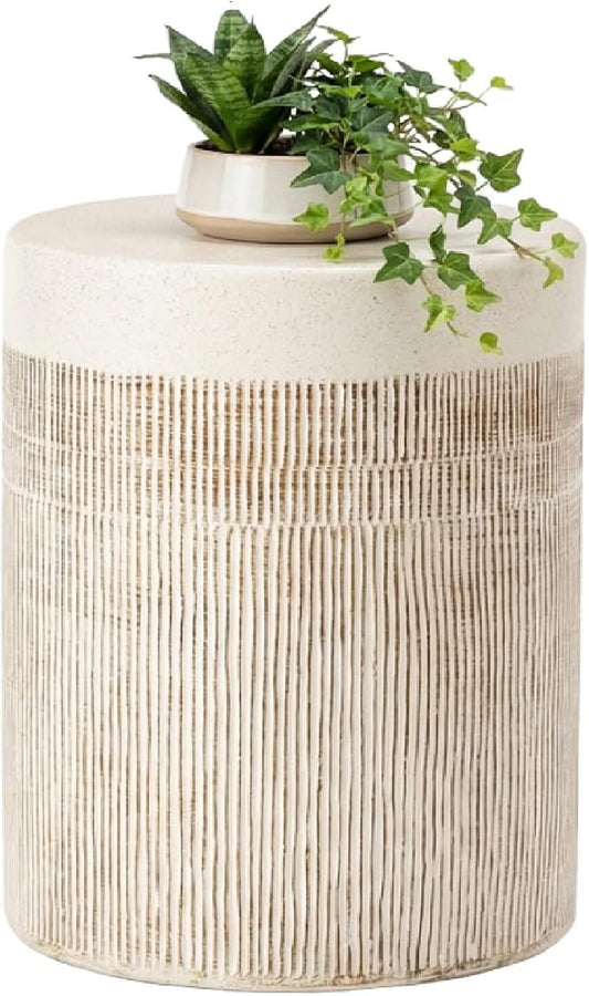 HOMPUS Outdoor Side Table, Concrete Side Table Design Vertical Thread, Patio Round Accent Coffee Table, Lightweight MgO Garden Tool for Patio, Porch and Deck, Light Beige
