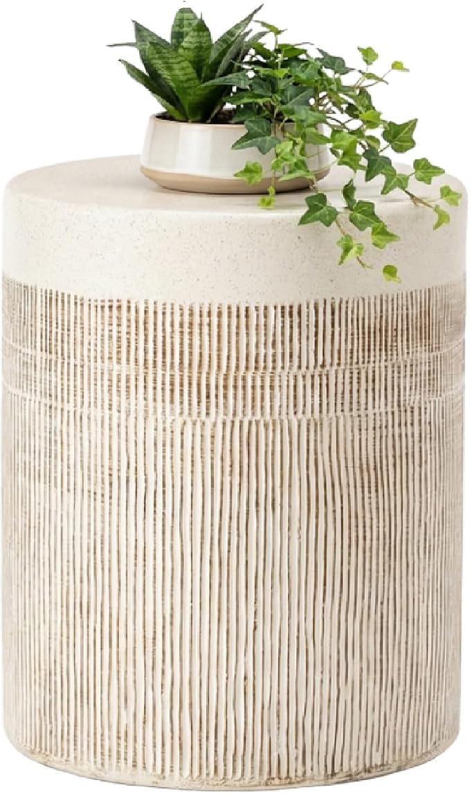 HOMPUS Outdoor Side Table Set of 2, Concrete Side Table w Vertical Thread | Patio Round Accent Coffee Table, Lightweight MgO Garden Tool for Patio, Porch and Deck, Light Beige