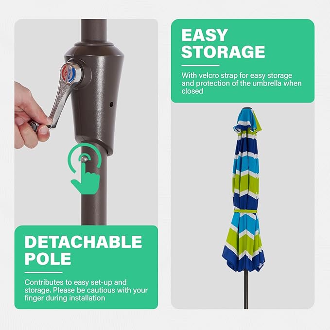 JEAREY 9ft Half Umbrella Outdoor Patio Umbrella Market Umbrellas with Crank, 1/2 Round Wall Umbrella 5 Sturdy Ribs UV Protection for Pool Garden Balcony Deck, Blue & Green Strip