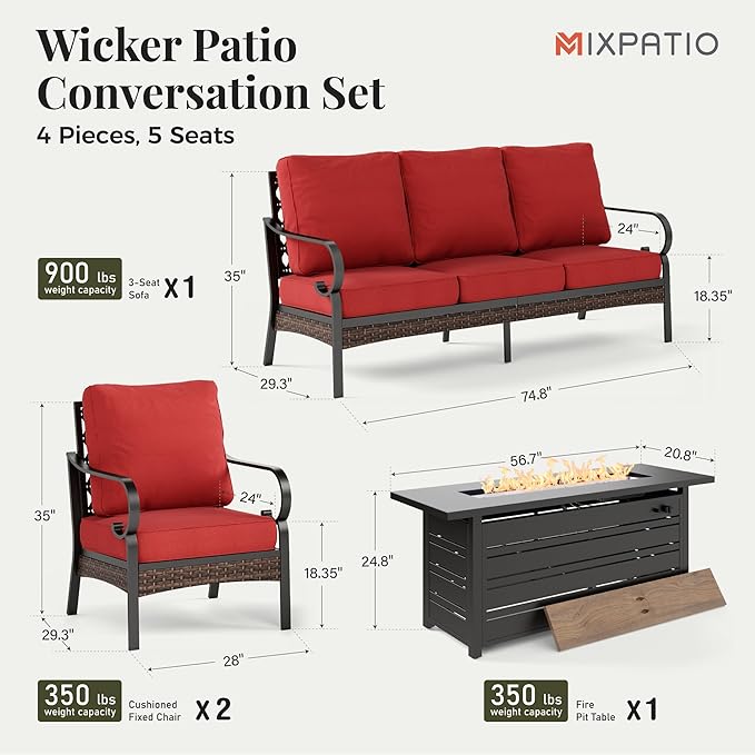 Patio Furniture Set with Fire Pit Table, 4 PCS Metal Outdoor Conversation Set with 5.75'' Extra Thick Cushion, 2 Chairs, 3-Seat Sofa and Gas Fire Pit Table, Red