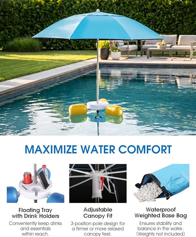Floating Pool Umbrella 6.6ft - Portable UV Sun Shade Canopy with 3 Drink Holders, Stability Anchor Bag & Secure Floating Design - In-Water Use for Swimming Pools, Lakes, Beach and Outdoor Leisure
