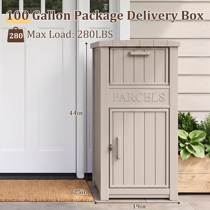 Package Delivery Boxes for Outside, 100 Gallon Outdoor Storage Box, with Lockable Secure Design, Deck Box Outdoor Waterproof for Entryway, Front Porch, Backyard, Garden, Patio(Grey)