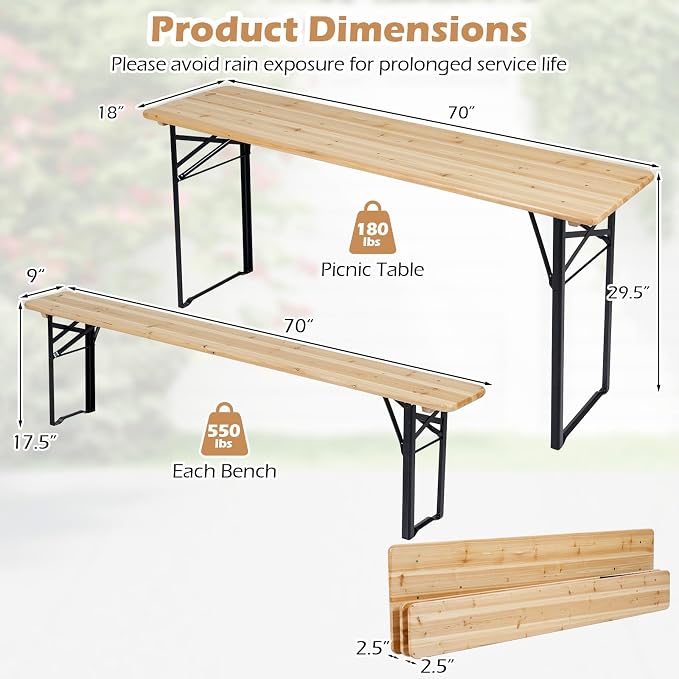 Byroce Folding Picnic Table Set with Benches, 70” Fir Wood Beer Table Set, Outdoor Dining Table with Heavy-Duty Metal Frame, Foldable Picnic Table for Patio, Garden, Backyard, BBQ & Parties (70")