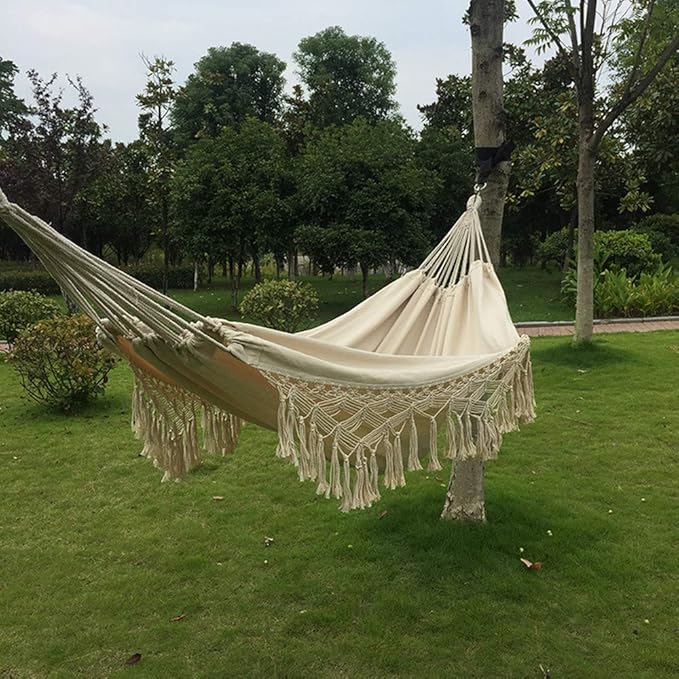 Handmade Cotton Woven Balcony Hammock Hanging Rope Chair Porch Swing with Crochet Fringe for Backyard Patio Garden Outdoor and Indoor Boho Style Natural White